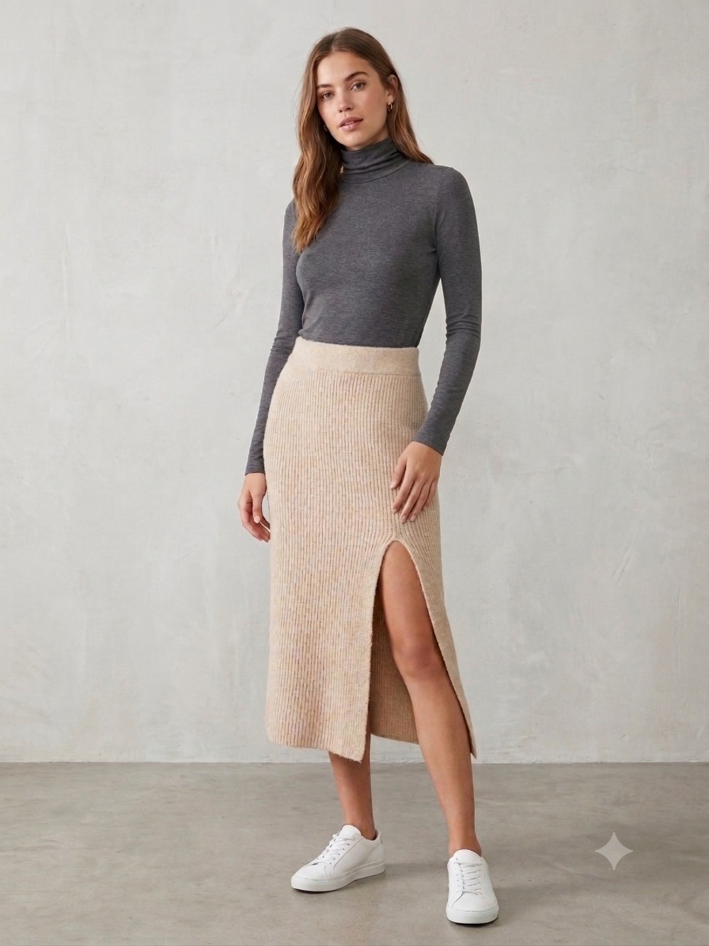 Leith Cream Ribbed Knit Maxi Skirt with Side Slit
